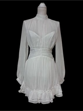 Sz. Med White Long-Sleeve Ruffled Mini Dress